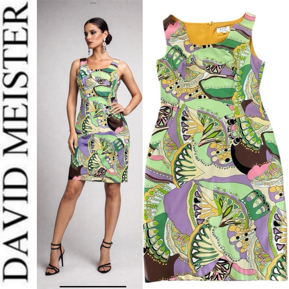 David Meister Vintage Sleeveless‎ Bold Abstract Bright Color Sheath Dress SIZE 6